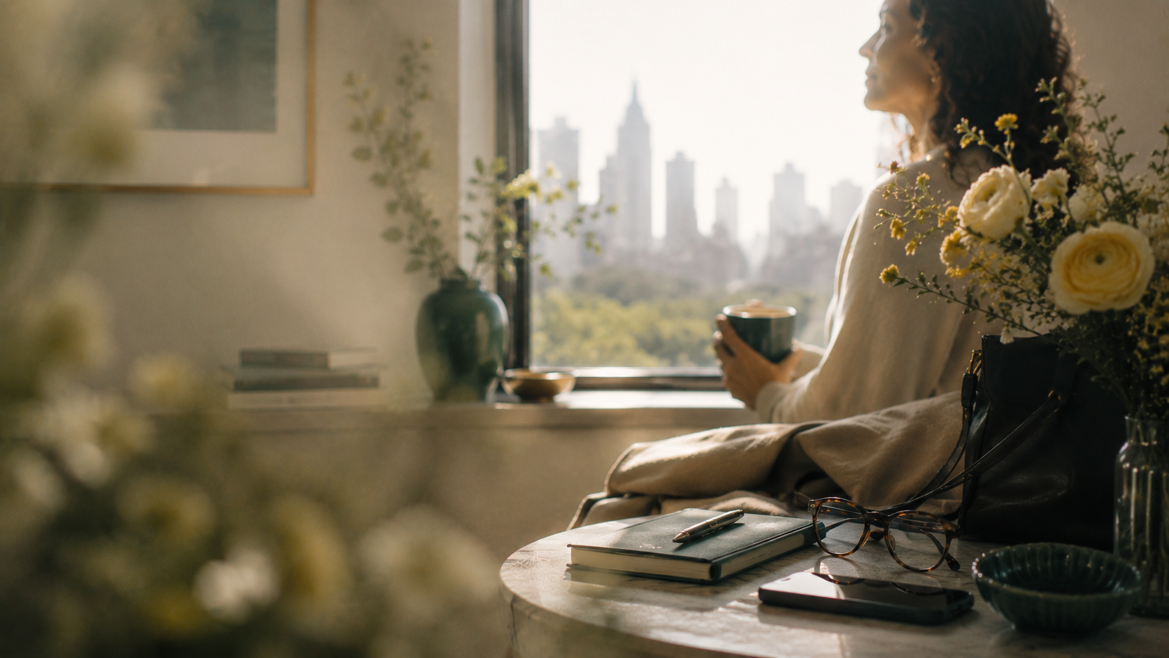 A woman resting by a sunlit window with a view over Central Park and the New York City skyline